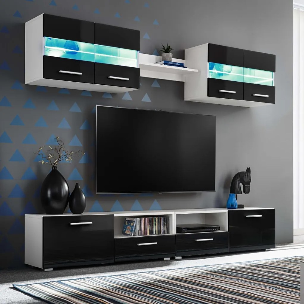 Set Parete Attrezzata Porta Tv Con Luci Led 5 Pz Nero Lucido /