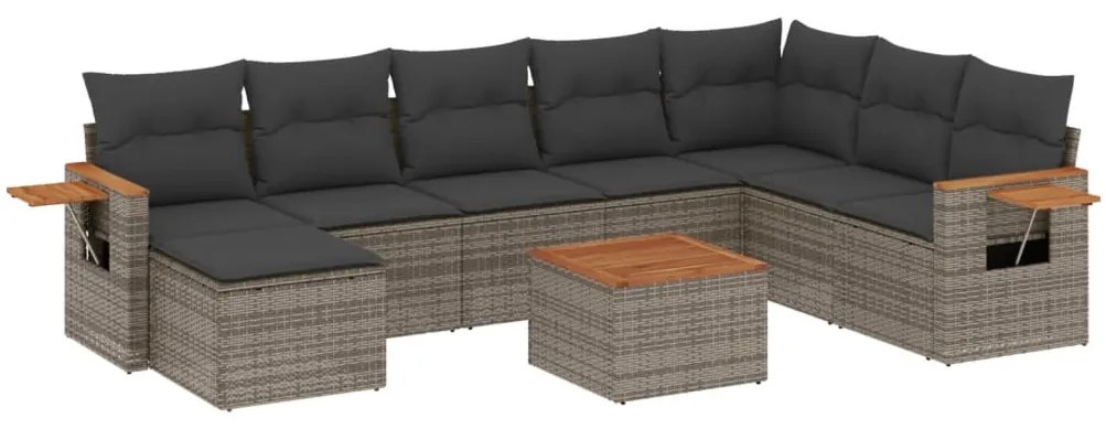Set divano da giardino 9 pz con cuscini grigio in polyrattan