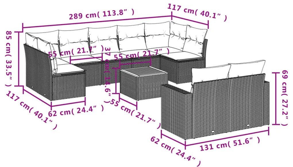 Set divani da giardino 10pz con cuscini in polyrattan nero