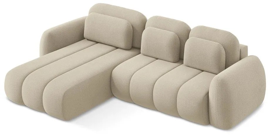 Divano angolare marrone chiaro allungabile/con contenitore (con penisola a sinistra/con chaise lounge) con rivestimento in bouclé Pele – Makamii