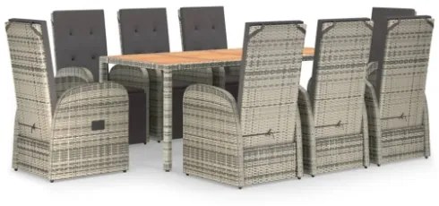 Set da Pranzo da Giardino 9 pz con Cuscini in Polyrattan Grigio