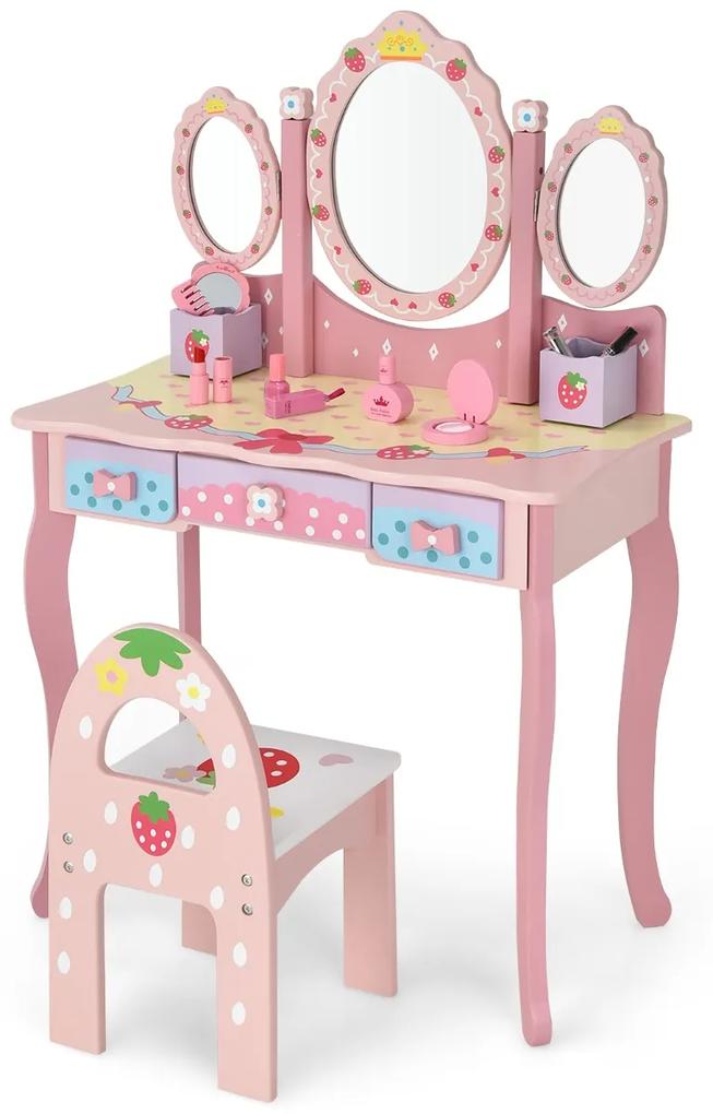 Costway Set toeletta con specchio tripartito e 3 cassetti per bambini, Tavolo da trucco con sgabello e 2 scatole Rosa