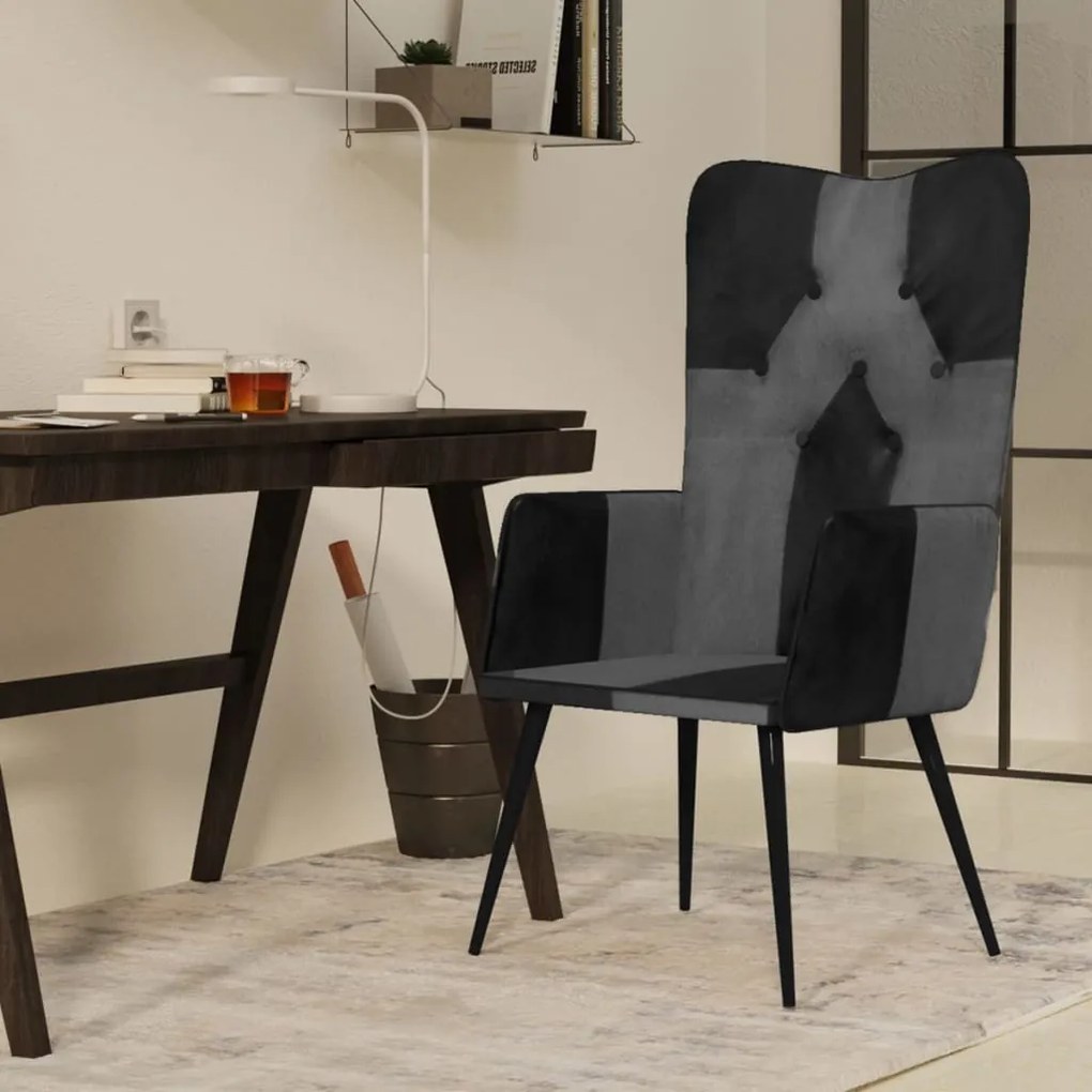 Poltrona Wingback Nera E Grigia İn Vera Pelle /