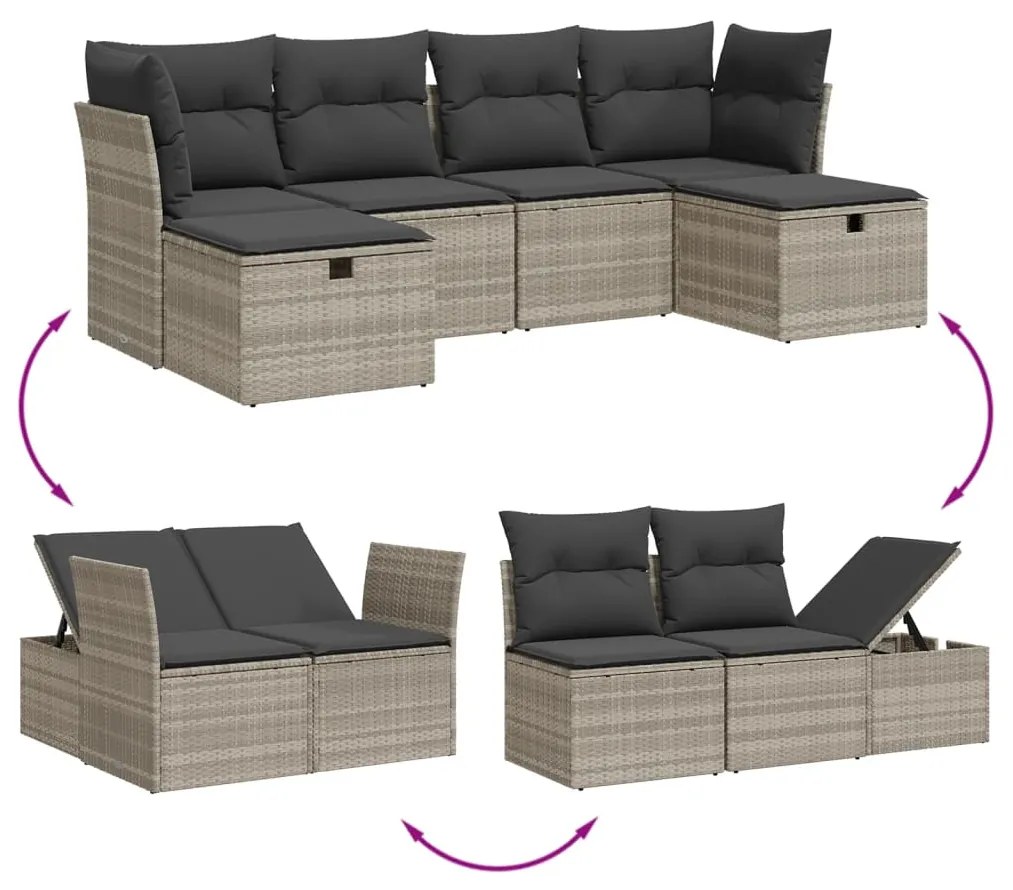 Set divano da giardino 6pz con cuscini grigio chiaro polyrattan