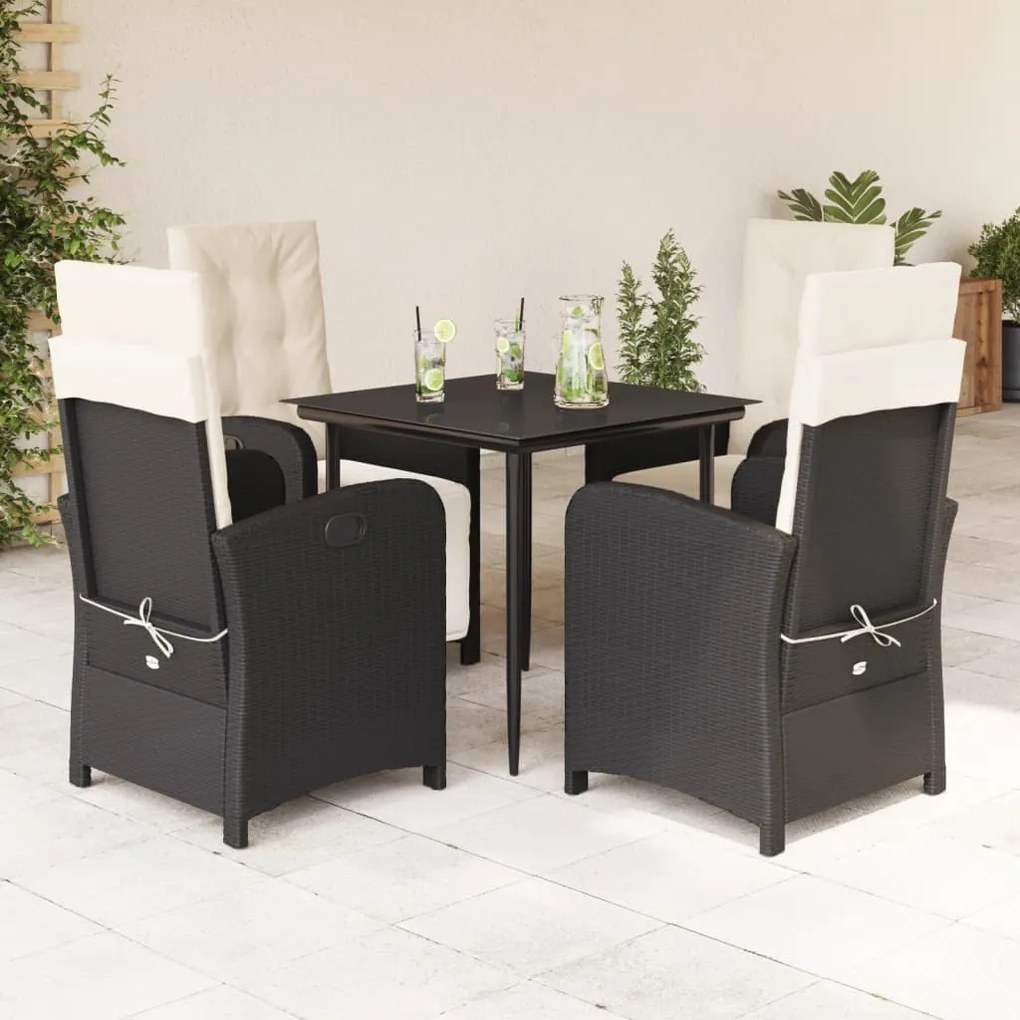 Set da pranzo da giardino 5 pz nero con cuscini in polyrattan