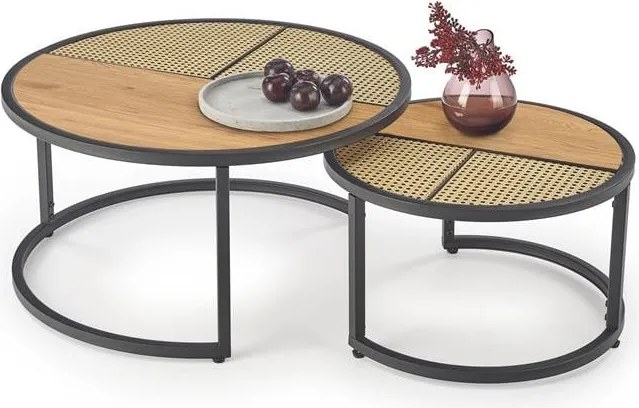 Set di Tavolini da caffè Garmina in rovere dorato + rattan