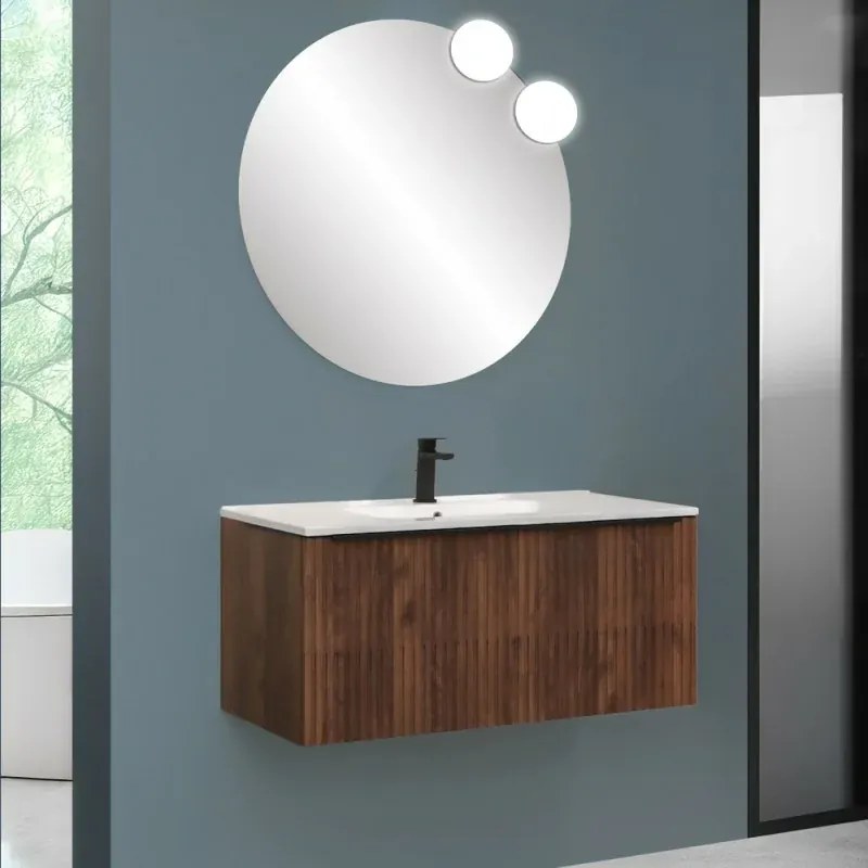 Mobile bagno sospeso 100 cm noce maya cannettato con cassetto, specchio e lavabo Nara