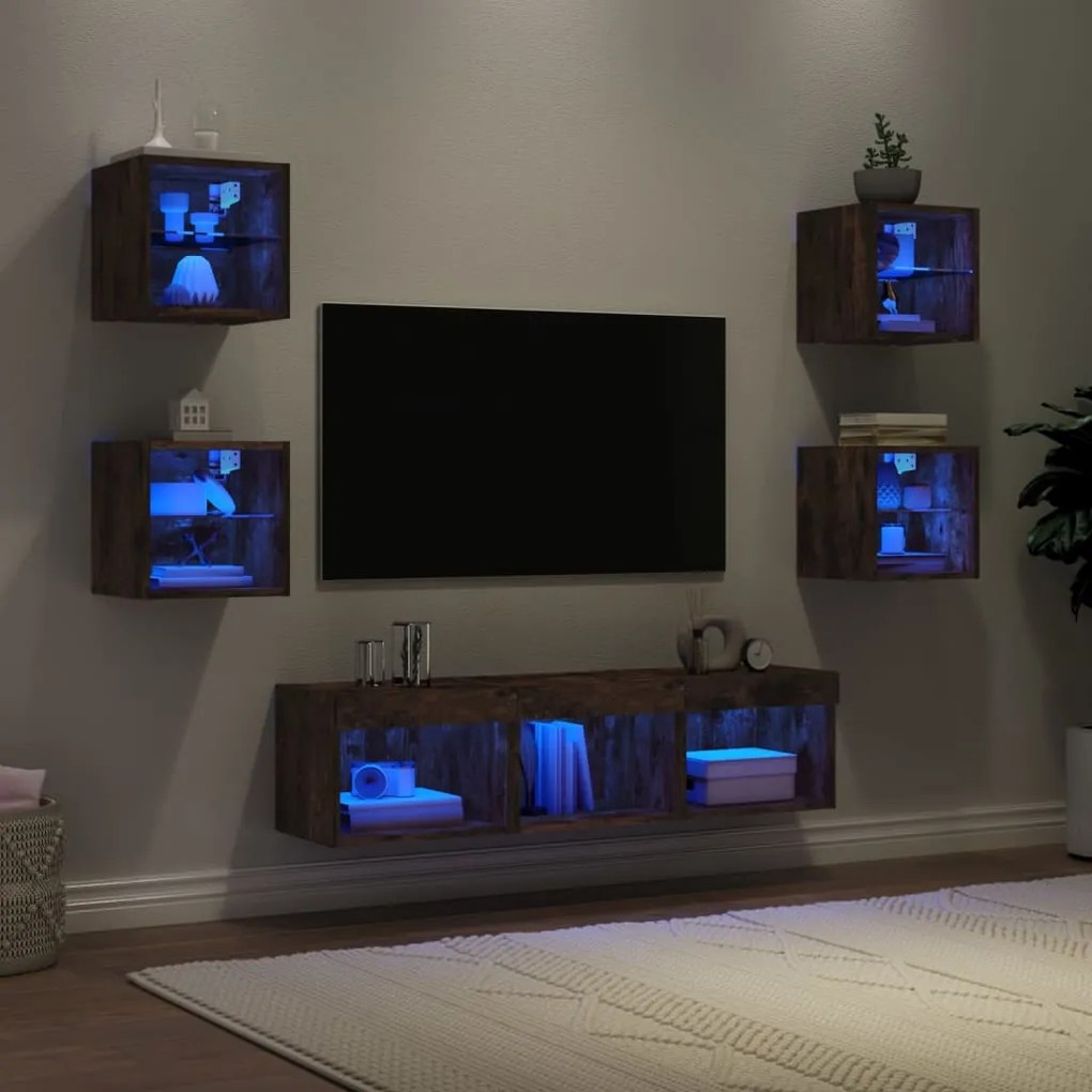 Mobili Tv A Muro Con Led 7pz Rovere Fumo İn Legno Multistrato /