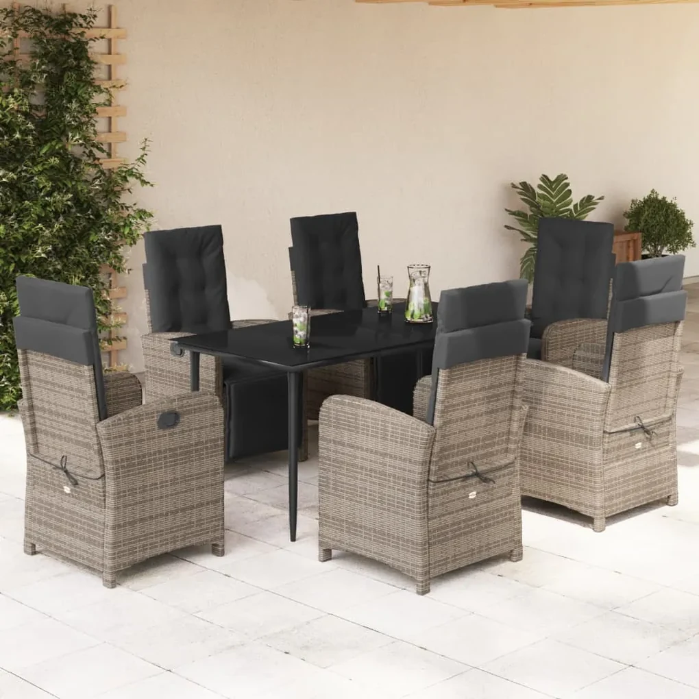 Set da pranzo da giardino 7 pz con cuscini in polyrattan grigio