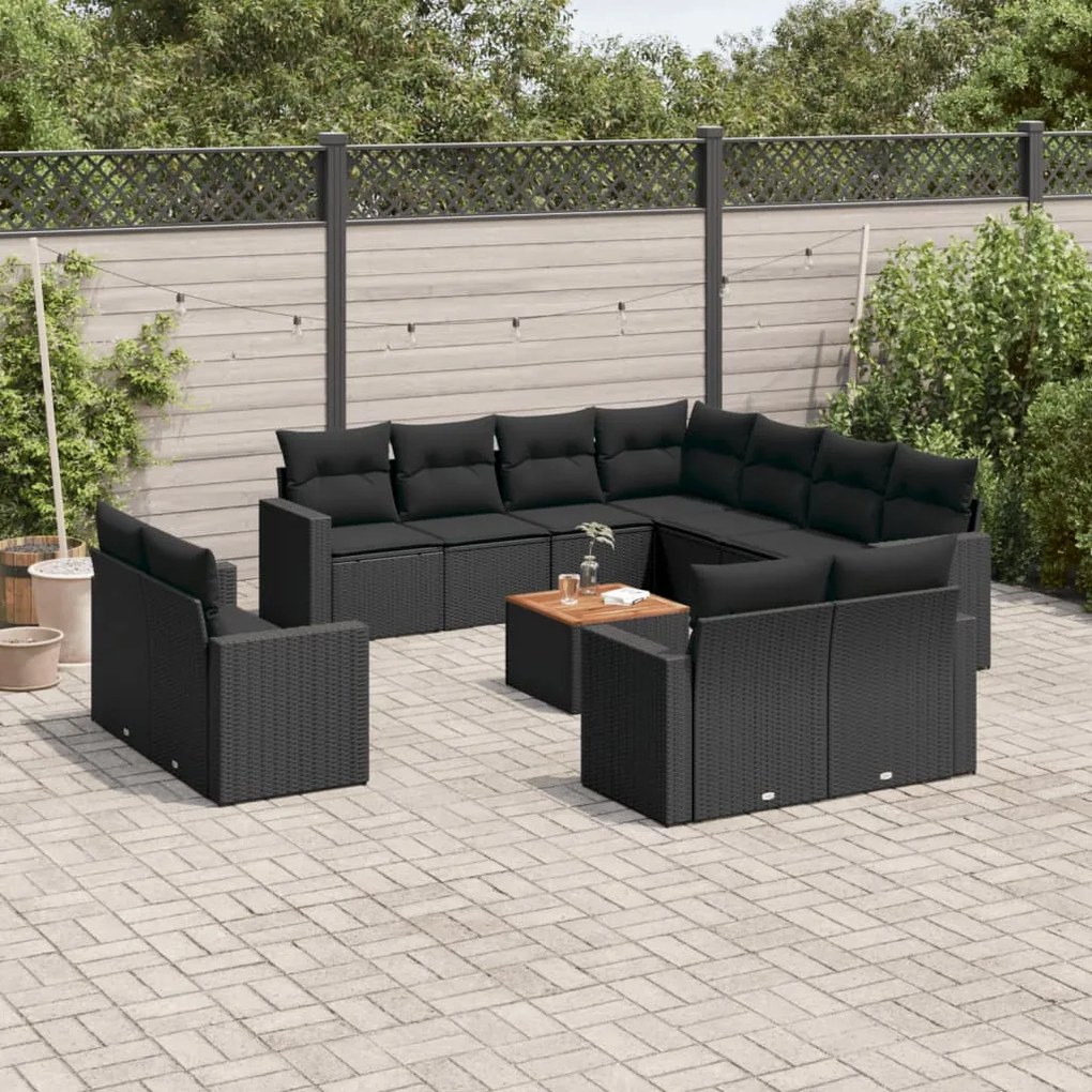 Set divani da giardino 12 pz con cuscini nero in polyrattan