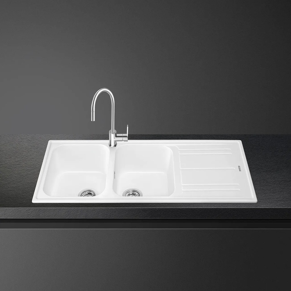 Lavello composito 116 cm bianco con doppia vasca e gocciolatoio reversibile