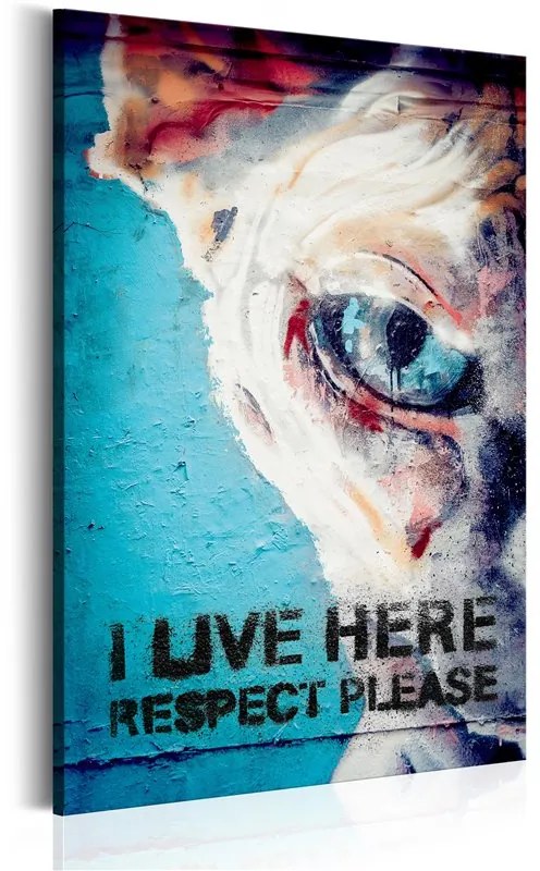 Quadro I Live Here, Respect Please  Colore Blu, Dimensioni e Misure 60x90