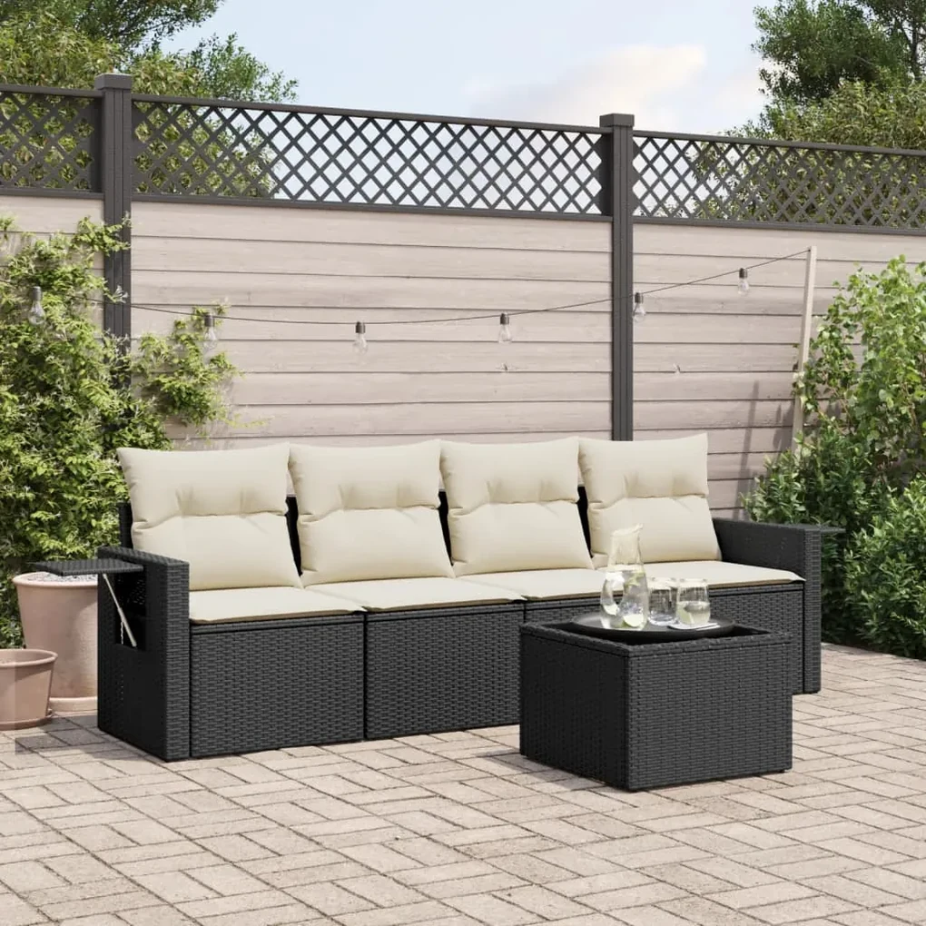 Set divani da giardino 5 pz con cuscini in polyrattan nero
