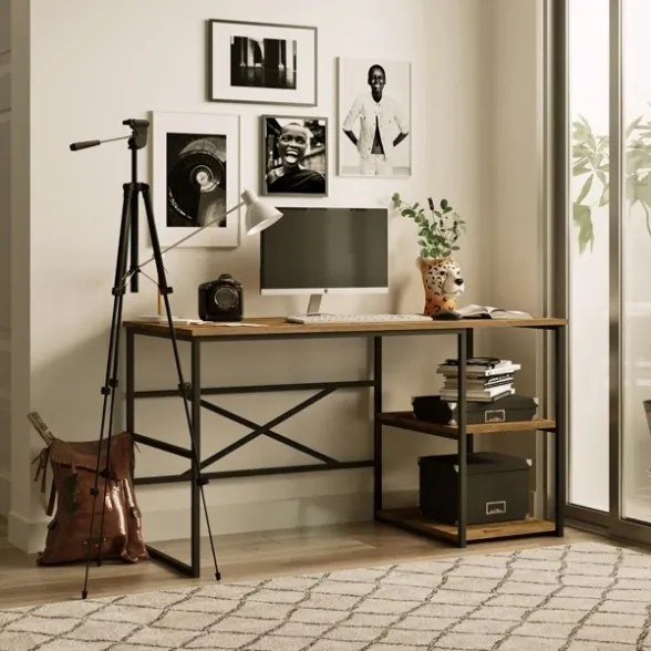Scrivania Industrial Con Ripiani Laterali 140x60x75H Rovere E Antracite Voyage DX