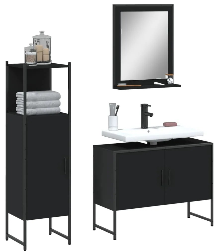 Set Di Mobili Da Bagno 3 Pz Nero İn Legno Multistrato /
