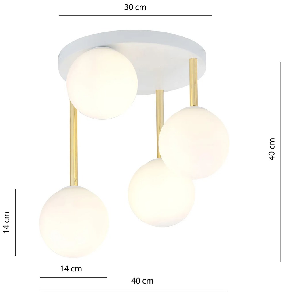 Plafoniera Contemporanea 4 Luci Teseo In Acciaio Bianco Oro E Sfere Vetro Bianco