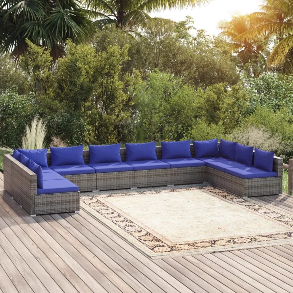 Set Divani da Giardino 10 pz con Cuscini in Polyrattan Grigio