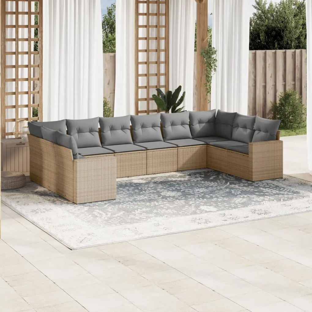 Set divano da giardino 10 pz con cuscini beige in polyrattan