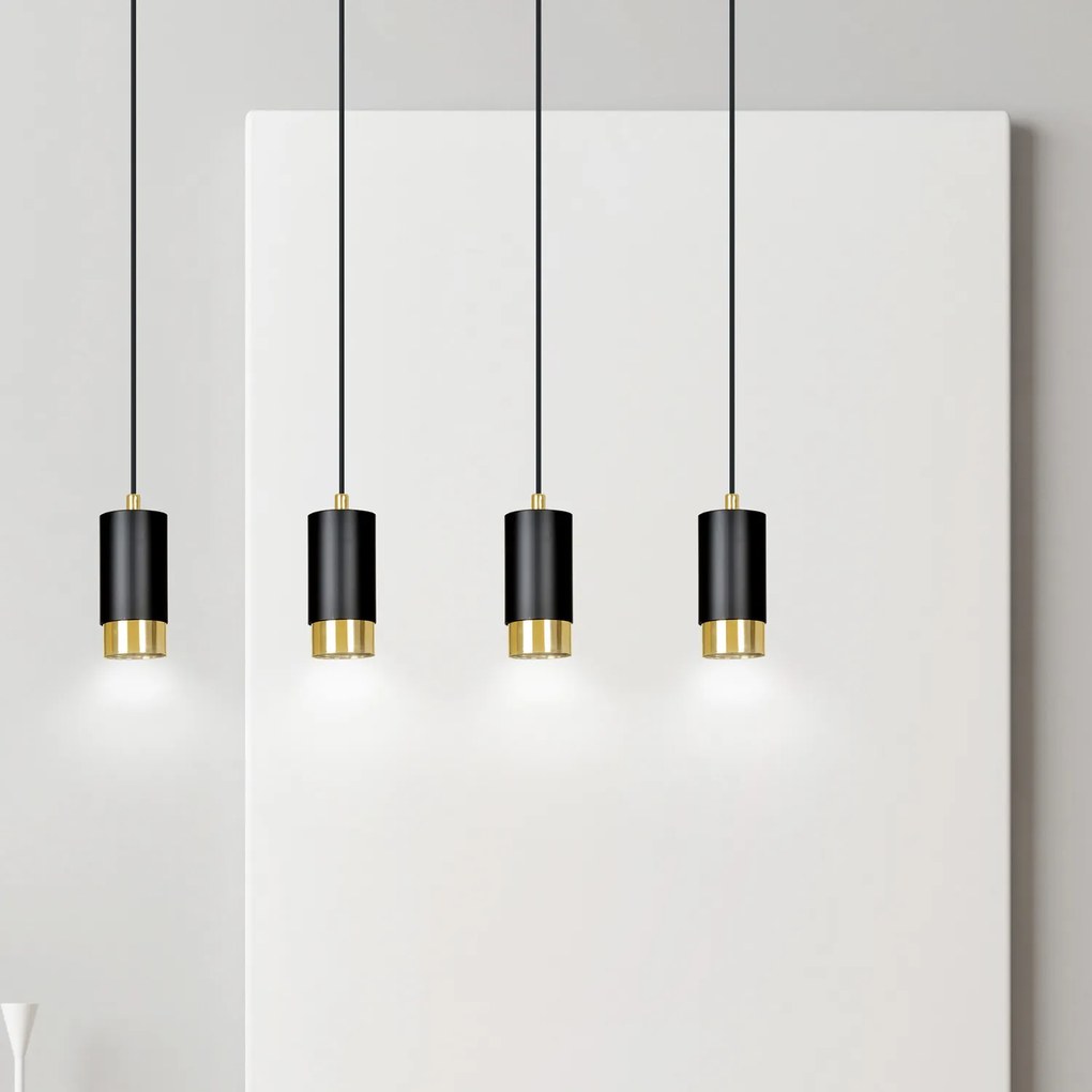 Lampadario 4 Luci Ivar Con Cilindri In Acciaio Nero E Oro