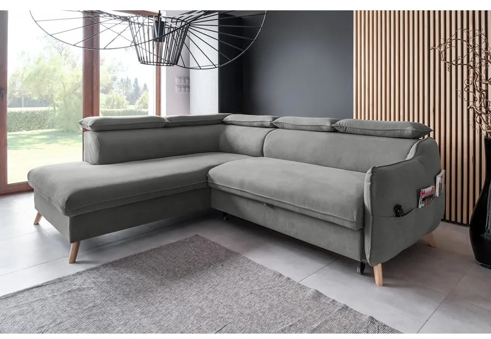 Divano letto angolare in velluto grigio chiaro (angolo sinistro) Sweet Harmony - Miuform