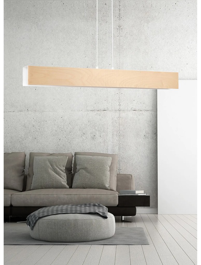 Lampadario 4 Luci Merlino In Acciaio Bianco Corpo Rettangolare E Legno Naturale
