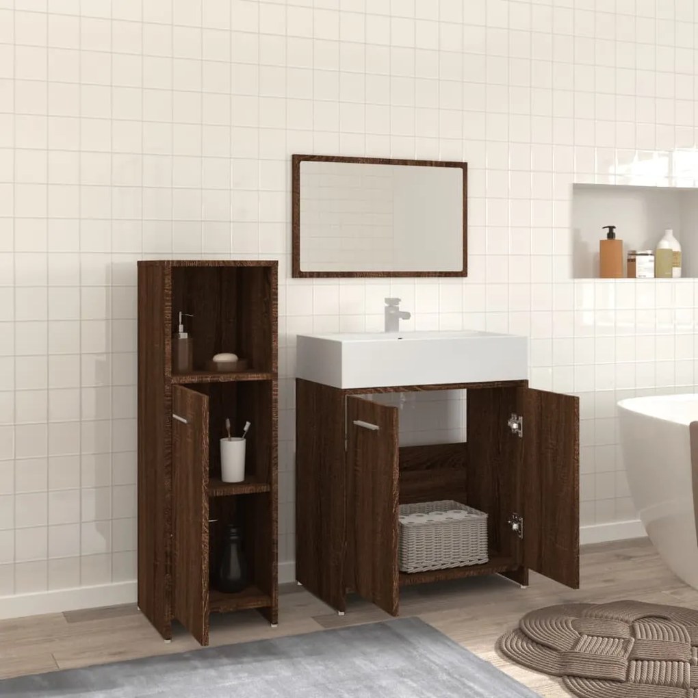 Set mobili da bagno 3 pz rovere marrone in legno multistrato