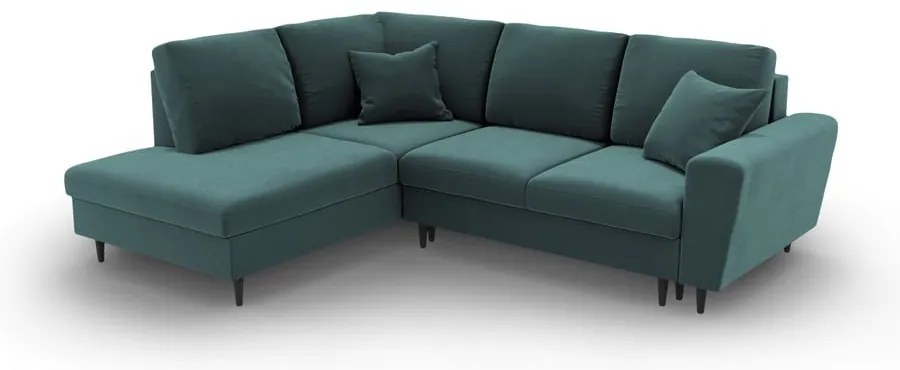Divano angolare color petrolio allungabile e con contenitore (con penisola a sinistra/a L) con rivestimento in velluto Kyoto – Cosmopolitan Design
