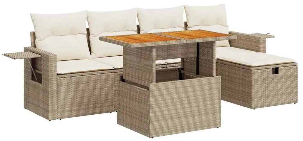 Set divano da giardino 6 pz con cuscini beige polyrattan acacia