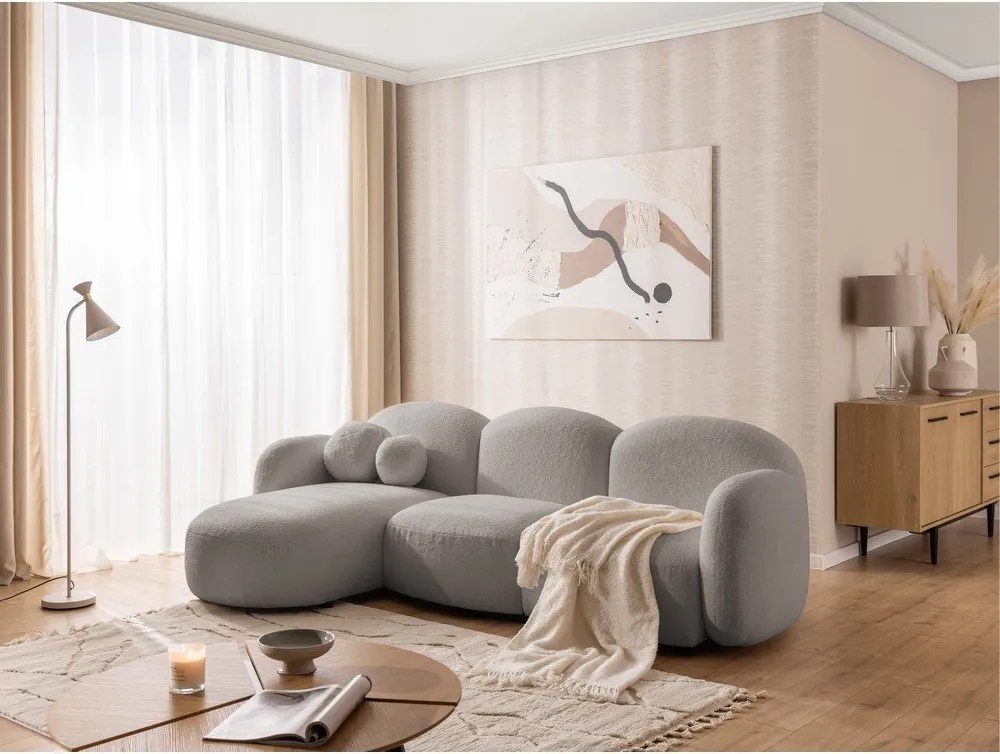 Divano angolare grigio (con penisola a sinistra/con chaise lounge) con rivestimento in bouclé Orbit – Ropez