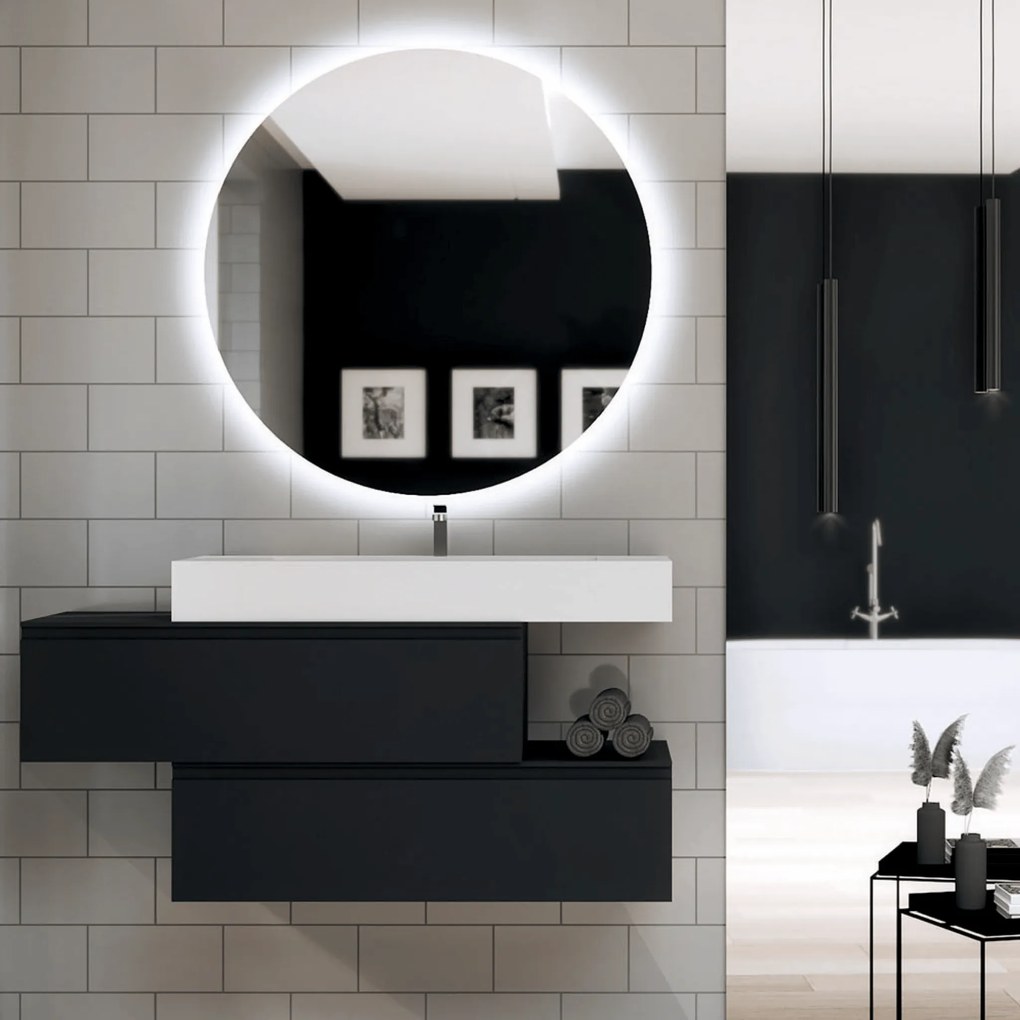 Mobile Bagno Sospeso Sfalsato 100 Cm Due Cassetti Specchio Con Illuminazione Led Esseci Arredo Bagno "Ponza"