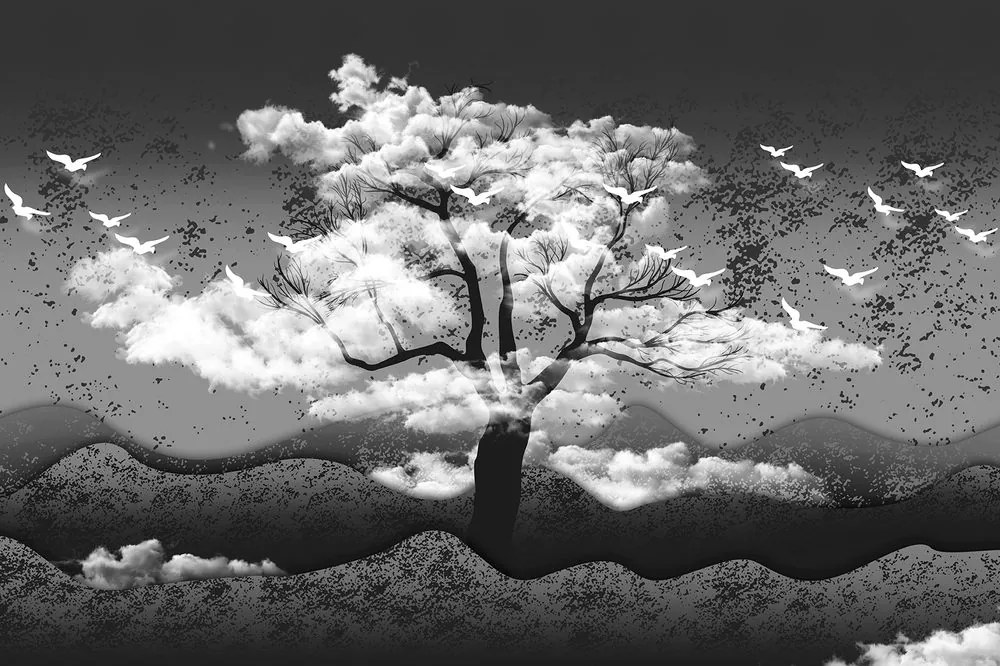 Carta da parati autoadesiva – Albero in bianco e nero tra le nuvole