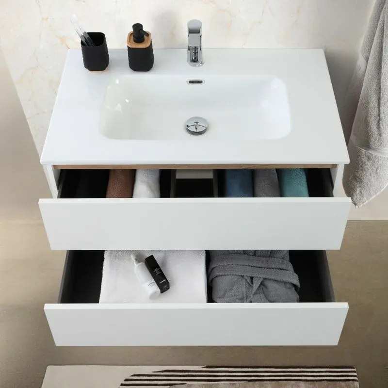 Mobile bagno sospeso 100 cm bianco e rovere con cassetti soft-close Kleo