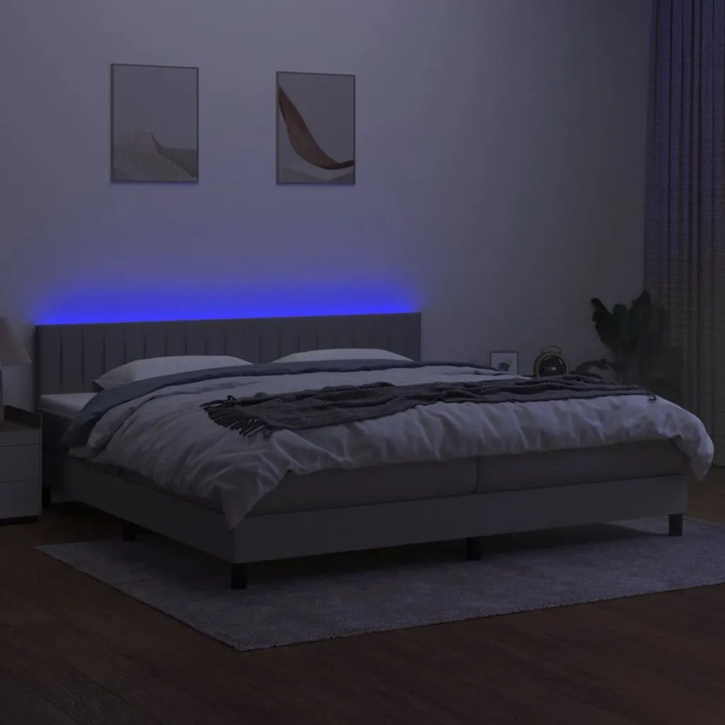 Letto a molle materasso e led grigio chiaro 200x200 cm tessuto