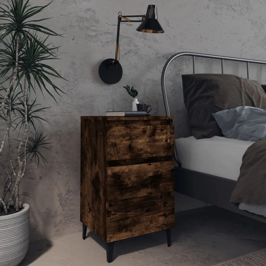 Comodino Con Gambe İn Metallo Rovere Fumo 40x35x69 Cm /