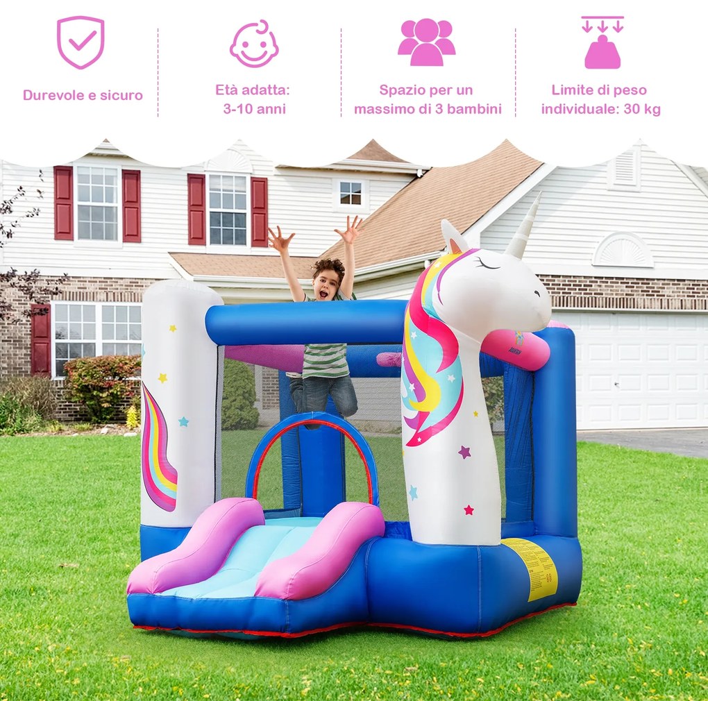 Costway Casa gonfiabile a tema unicorno per bambini 3-10 anni con scivolo, Castello gonfiabile con anello del canestro
