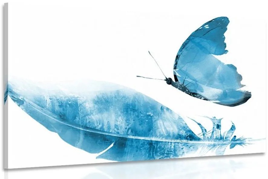 Stampa su tela – Piuma con farfalla in blu