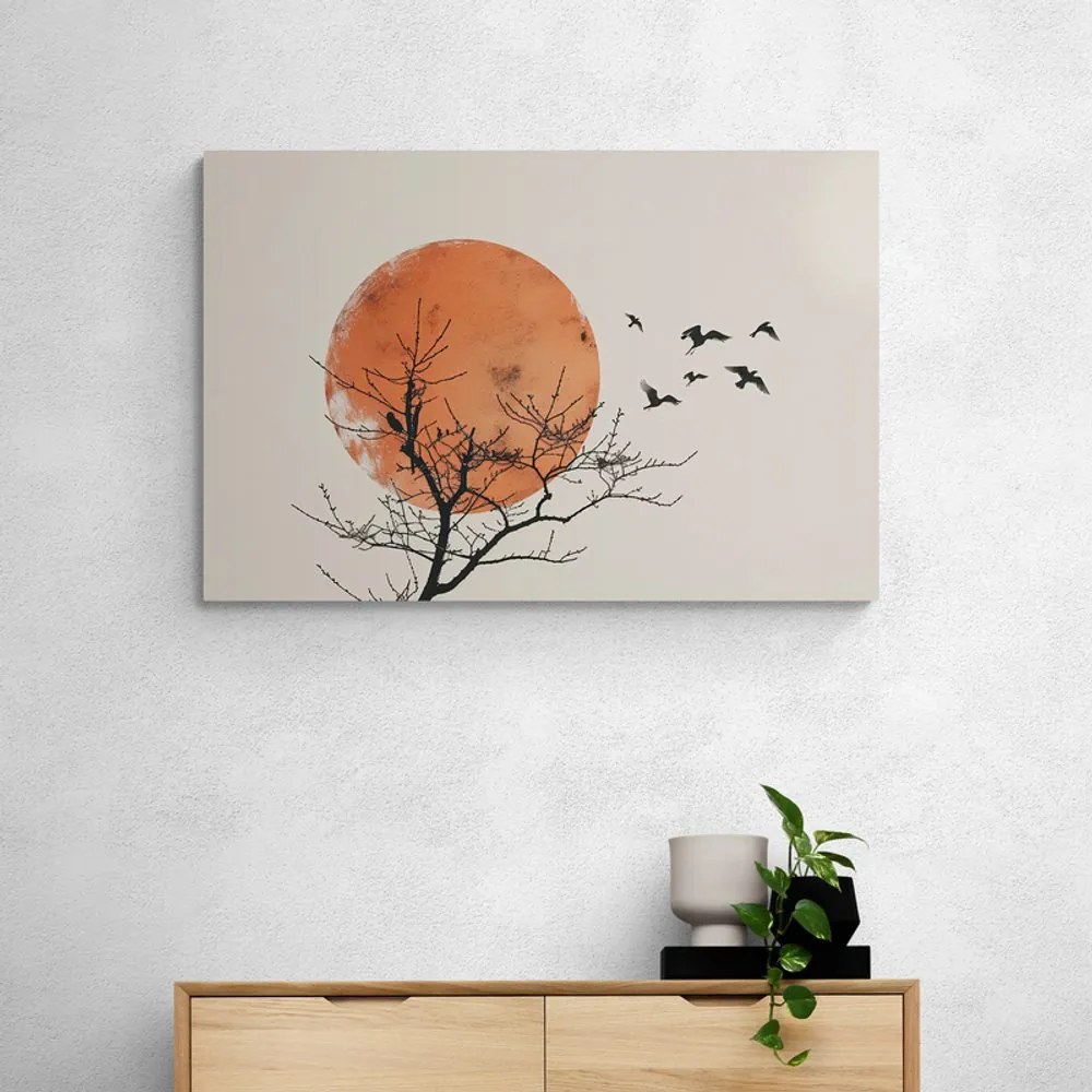 Quadro su tela – Japandi luna con stormo di uccelli