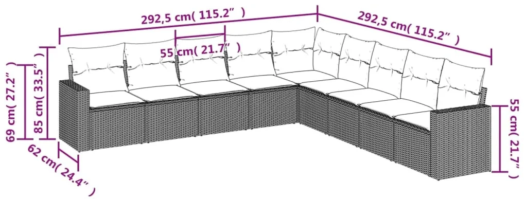 Set divano da giardino 9 pz con cuscini grigio in polyrattan