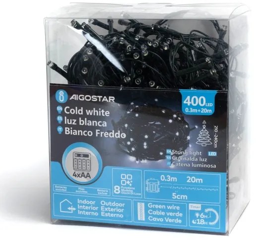Aigostar - Catena luminosa natalizia LED da esterno 400xLED/8 funzioni 4xAA 20,3 m bianco freddo