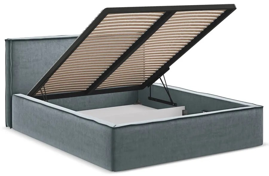 Letto matrimoniale imbottito azzurro con contenitore con griglia 180x200 cm Anani - Makamii