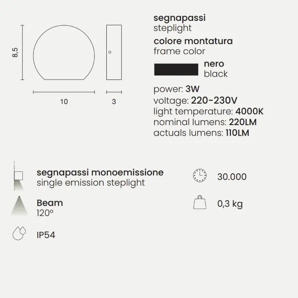 Lampada applique segnapasso SUN per esterni in alluminio 10x3 cm Nero