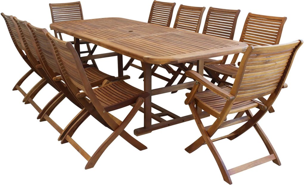 TURRIS - set tavolo in legno massiccio di acacia cm 180/240 x 100 x 74 h con 8 sedie e 2 poltrone Mulier