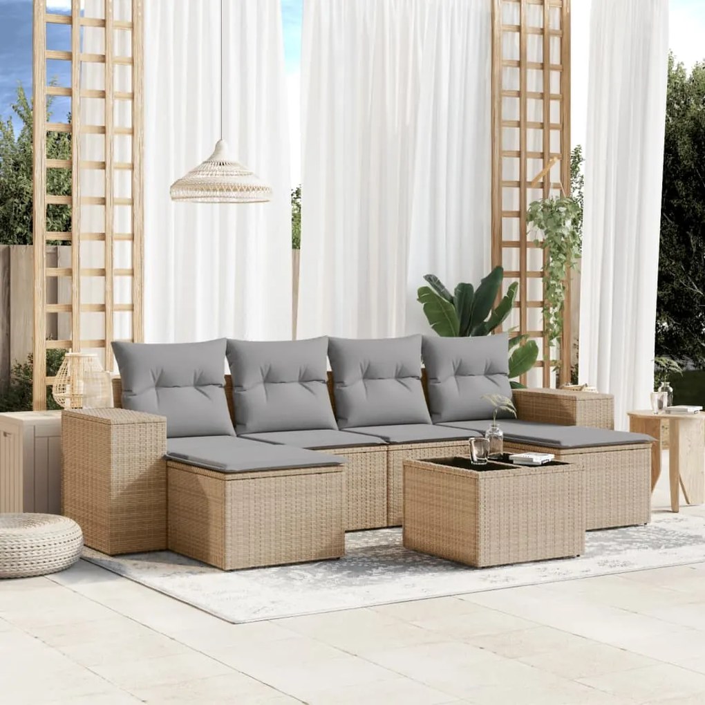 Set divani da giardino 7 pz con cuscini beige in polyrattan