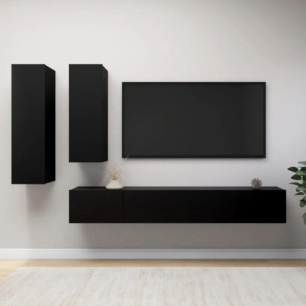 Set Di Mobili Porta Tv 4 Pz Nero İn Legno Multistrato /