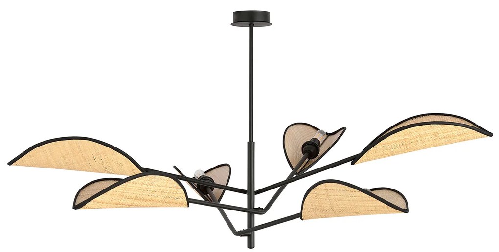 Lampadario 6 Luci Eridano In Acciao Nero E Rattan Con Bracci Mobili