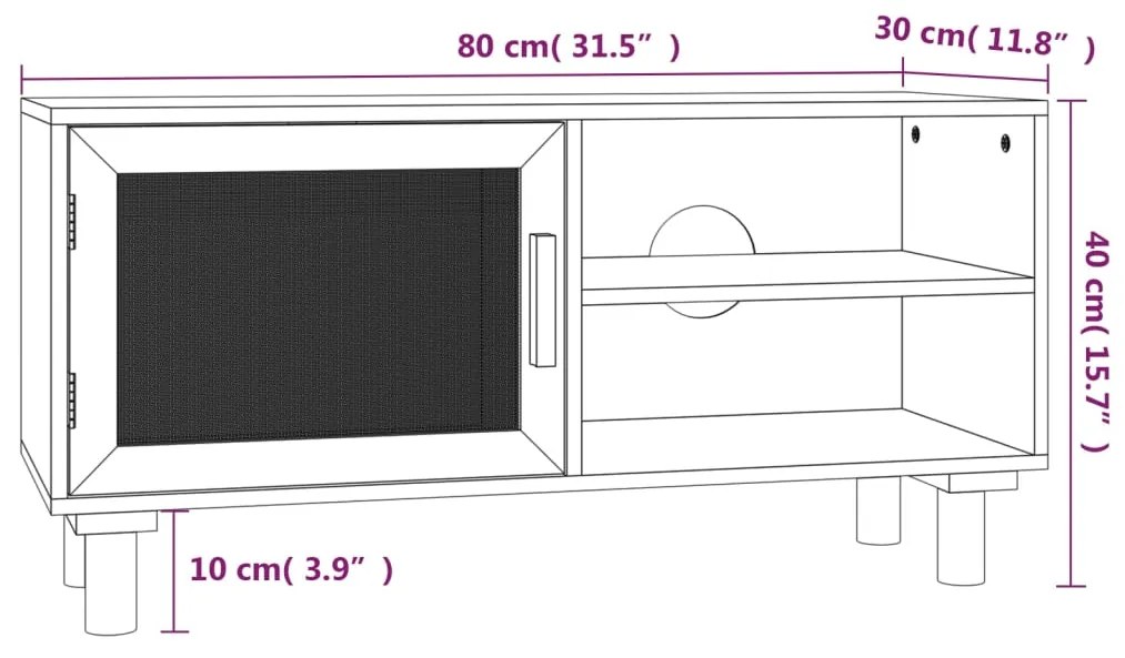 Mobile TV Nero 80x30x40 cm Massello Pino e Rattan Naturale