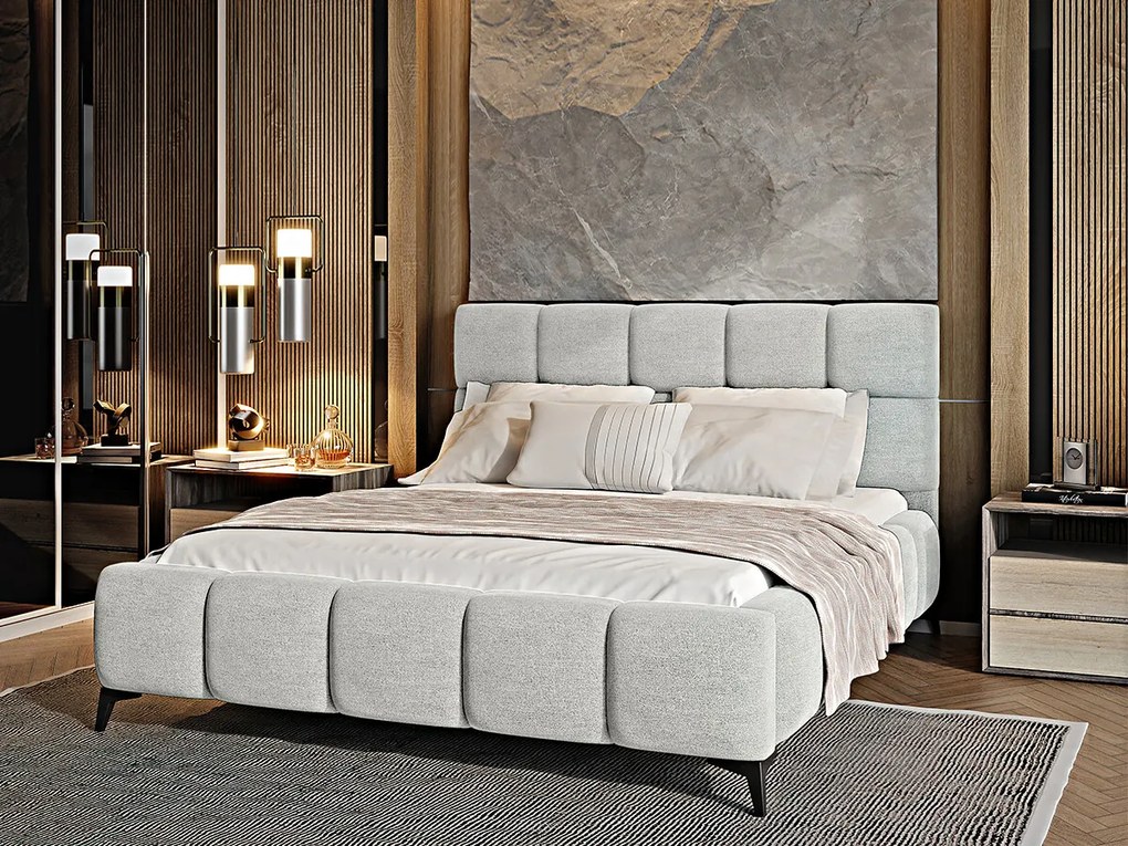 Letto matrimoniale con box contenitore California - 160 x 200 cm , Tessuto grigio chiaro