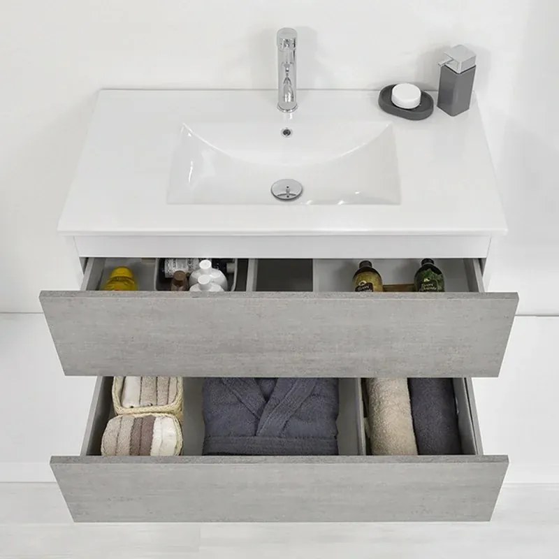 Mobile bagno sospeso 90 cm Duble grigio industrial completo di lavabo e specchio