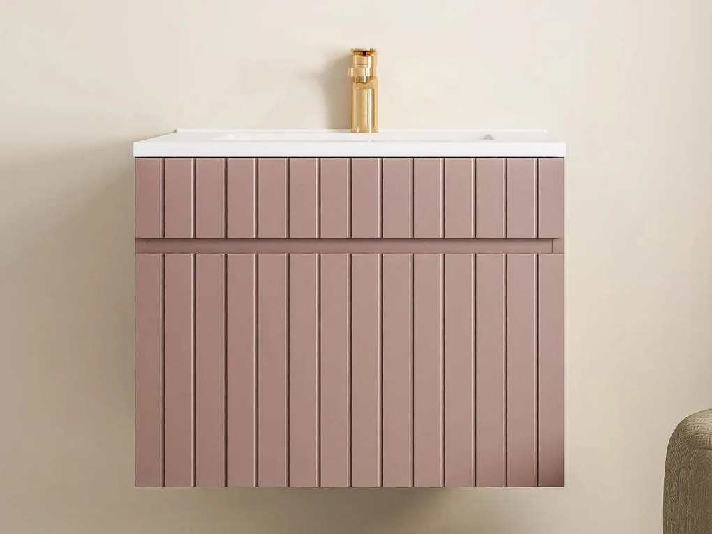 Mobile per bagno sospeso scanalato con lavabo da incasso 60 cm Rosa - SATARA