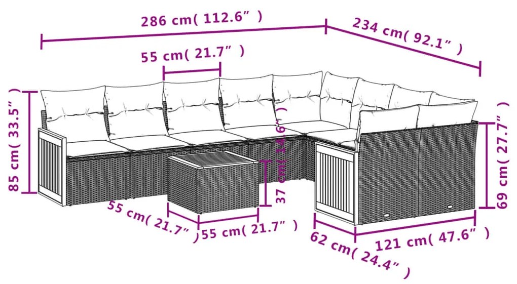 Set divani da giardino 10pz con cuscini in polyrattan nero